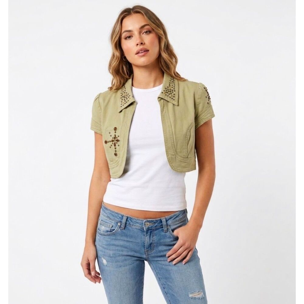 Miss Me Women's Sage Olive 90s Y2K Bedazzled Studded SS Cropped Jacket Size M